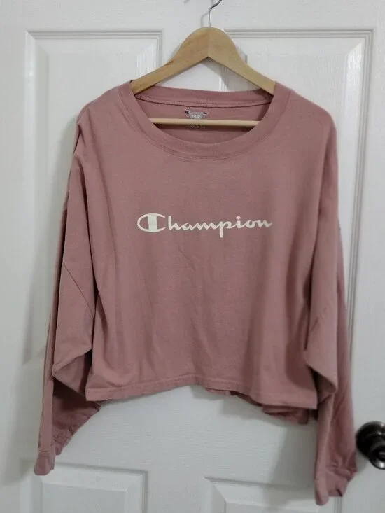 Champion Cropped Sweatshirt Pink Logo Long Sleeve Top Women Oversized Athleisure - Picture 3 of 6